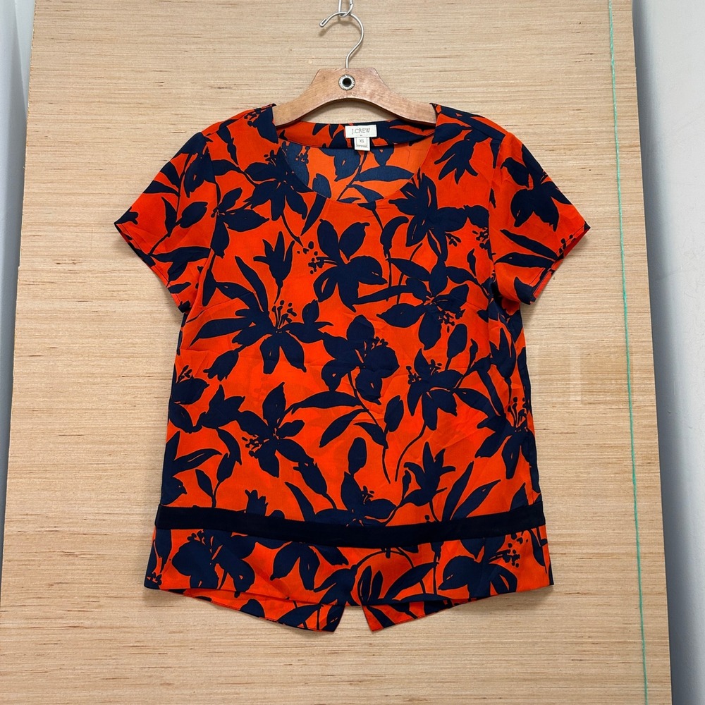J. Crew Womens XS Orange Navy Blue Floral Short Sleeve Split Back Blouse Top